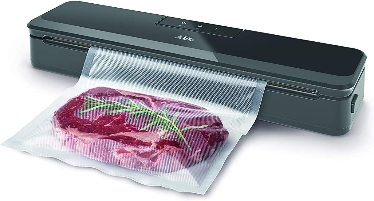 AEG VS4-1-4AG Vakuumiergerät (Schnelles und starkes Versiegeln von Lebensmitteln, Pulse-Funktion, keine Luftblasen, schlankes Design, leise, inkl. 10 Beutel - 30 cm lang, BPA-frei, grau)