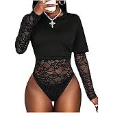 WDIRARA Women's Floral Lace Long Sleeve Bodysuit 2 in 1 Leotard Tops Night Out Body Suit