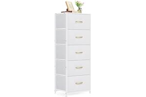 LIANTRAL Dresser for Bedroom, 5 Fabric Storage Drawer Organizer Units for Closet Living Room Hallway Entryway, Tall Chest of Drawers Tower, Sturdy Steel Frame, Wood Top (White)