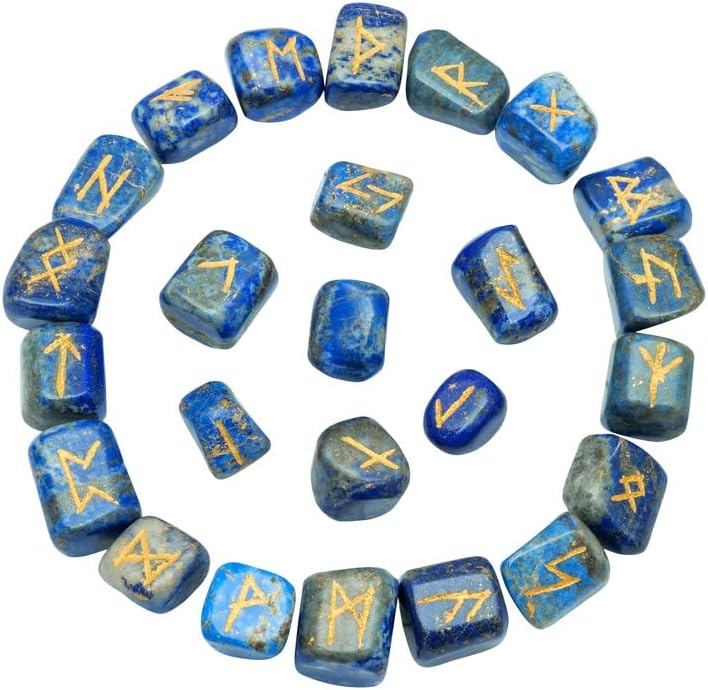 Indoor Fountains & Accessories - Rune Stones Lapis Lazuli - Futhark Rune Set - Viking Ruin Stones - Engraved Druid Stones - Crystal Set - Runes Runes with Guide Book - Gemstones and Crystals - Reiki Supplies - Feng Shui Decor