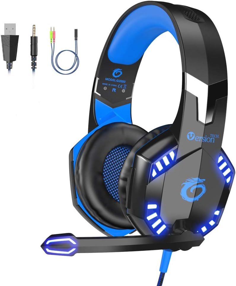 VersionTECH. G2000 [Updated] Stereo Gaming Headset for Xbox One PS4 PC,Surround Sound Over-Ear Headphones with 50mm Drive Unit,Noise Cancelling Mic, LED Lights for Laptop, Mac,Nintendo Switch Game