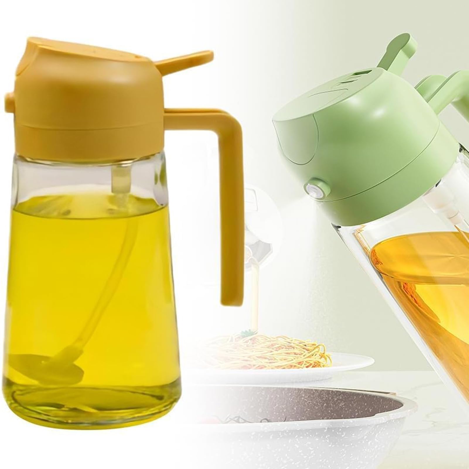 Doolitt Oil Dispenser Bottle for Kitchen,2 in 1 Oil Dispenser and Sprayer,470ml/16oz Glass Oil Contianer for Cooking,Kitchen,Air Fry, BBQ,Salad,Baking (Yellow)