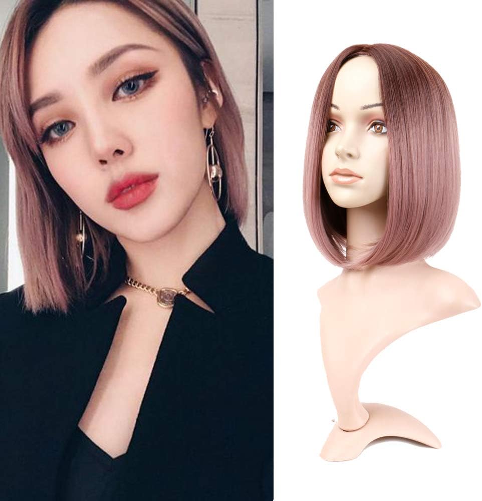 Queentas Ombre Ash Pink Wig Short Bob Straight Middle Part Synthetic Hair Wig Cosplay Party for Women with Wig Cap(12inch Ombre Brown to Pink)