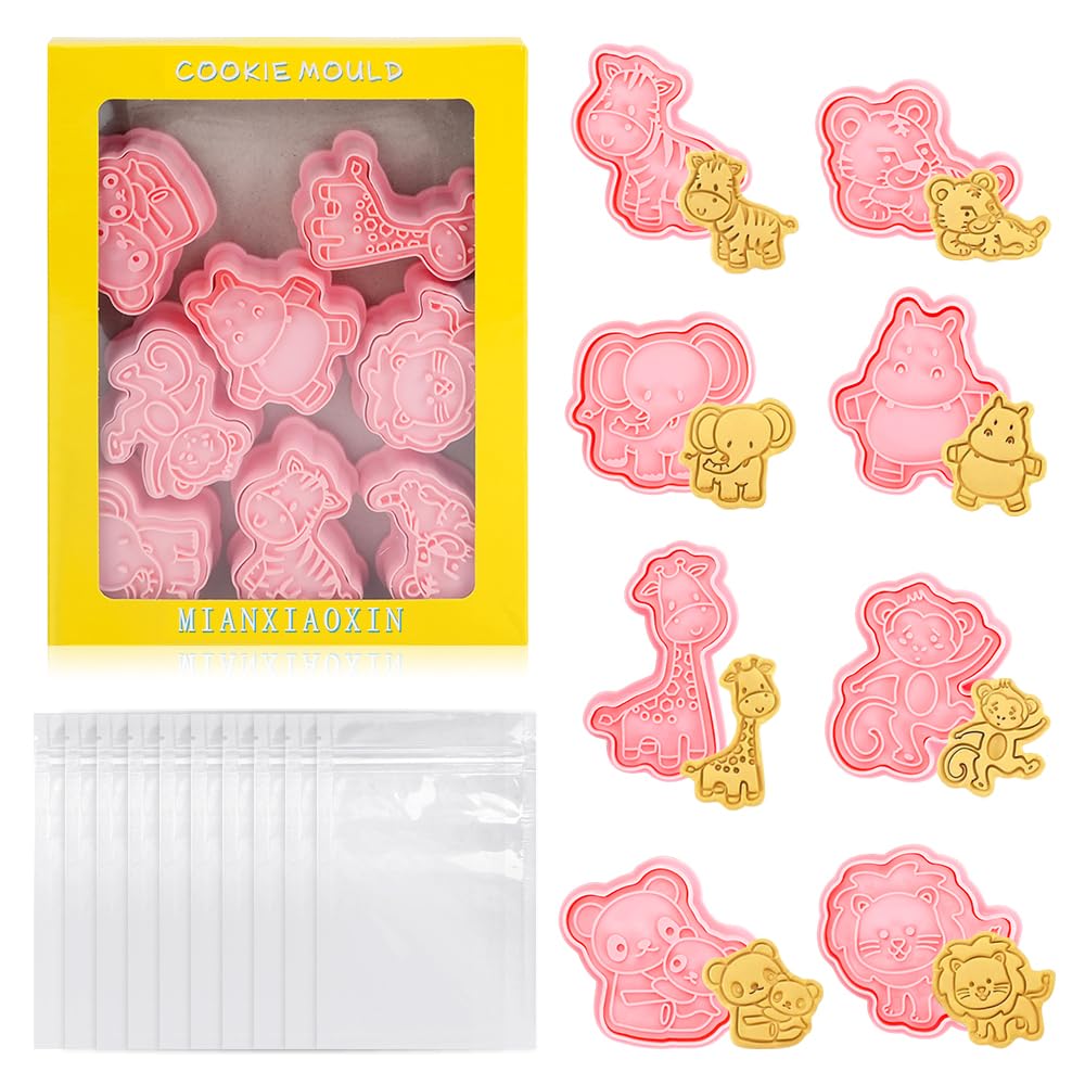 CRITIVE-S 8PCS Animal Cookie Cutters Set with 10 Cookie Bags, 3D Cookie Cutter with Plunger Stamp, Cartoon Pastry Cutters for Baking, Embossing Biscuit Cutters for Kids Fondant Cookie Cake Decorations