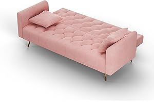 OUYESSIR Velvet Futon Sofa Bed with 2 Pillows, Convertible Futon Couch, Sturdy Sleeper Sofa in 71 inch, Small Futon Sofas (Pink-1)