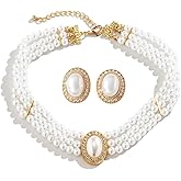 SukAmi Pearl Pendant Necklace Earrings Set 3 Layered White Pearl Jewelry Set Wedding Women Faux Pearl Necklace Multi Strands Choker