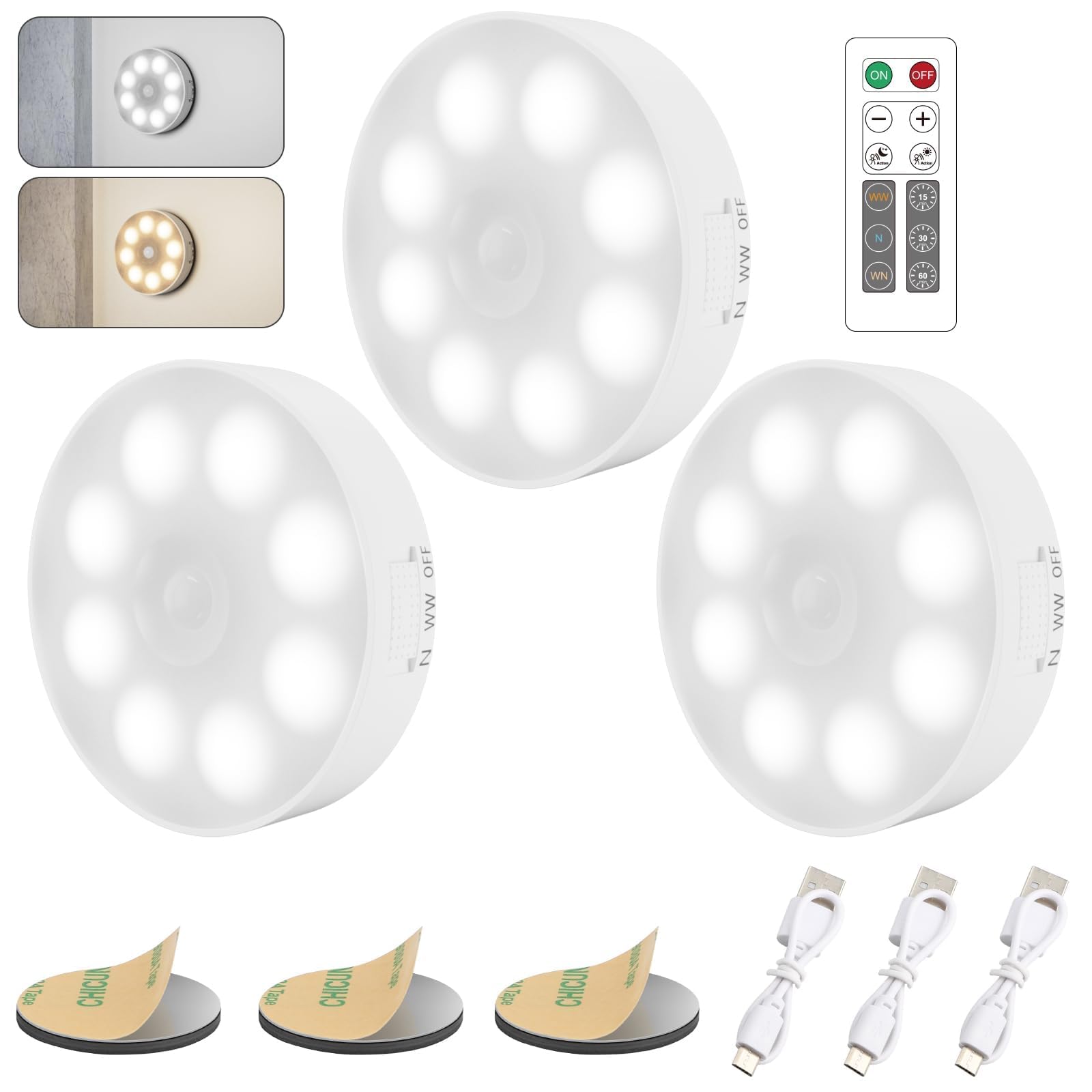 Photo 1 of 16 LEDs Under Cabinet Lights [with Remote], 3 Pack Wireless Motion Sensor Rechargeable Light Puck Light, 3 Color Temps Dimmable 3000-6000K, Closet Lights for Cabinet, Closet, Kitchen, Hallway, Stairs