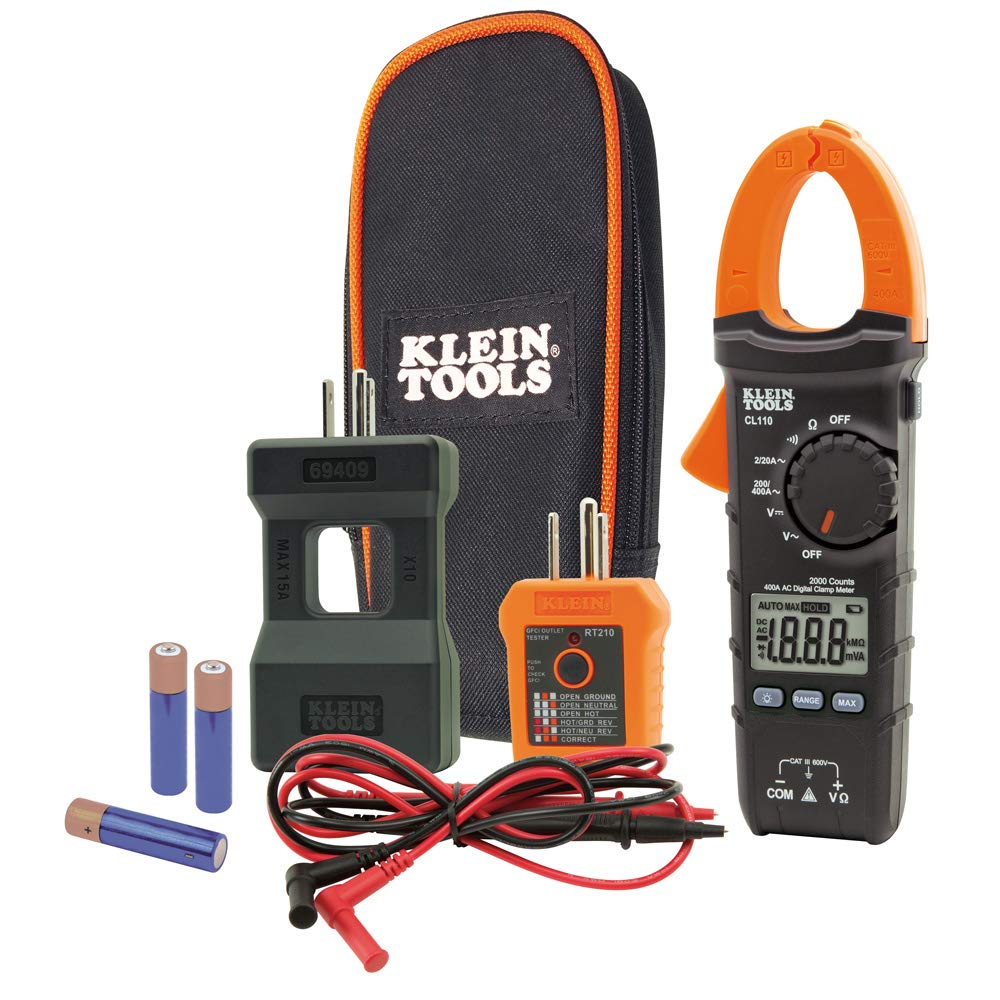 Klein Tools CL110KIT Electrical Tester/Maintenance Kit w/Clamp Meter, Continuity Tester, GFCI Tester, Line Splitter, Case, Leads, 3 x AAA Includes Outlet Tester/Includes Line Splitter