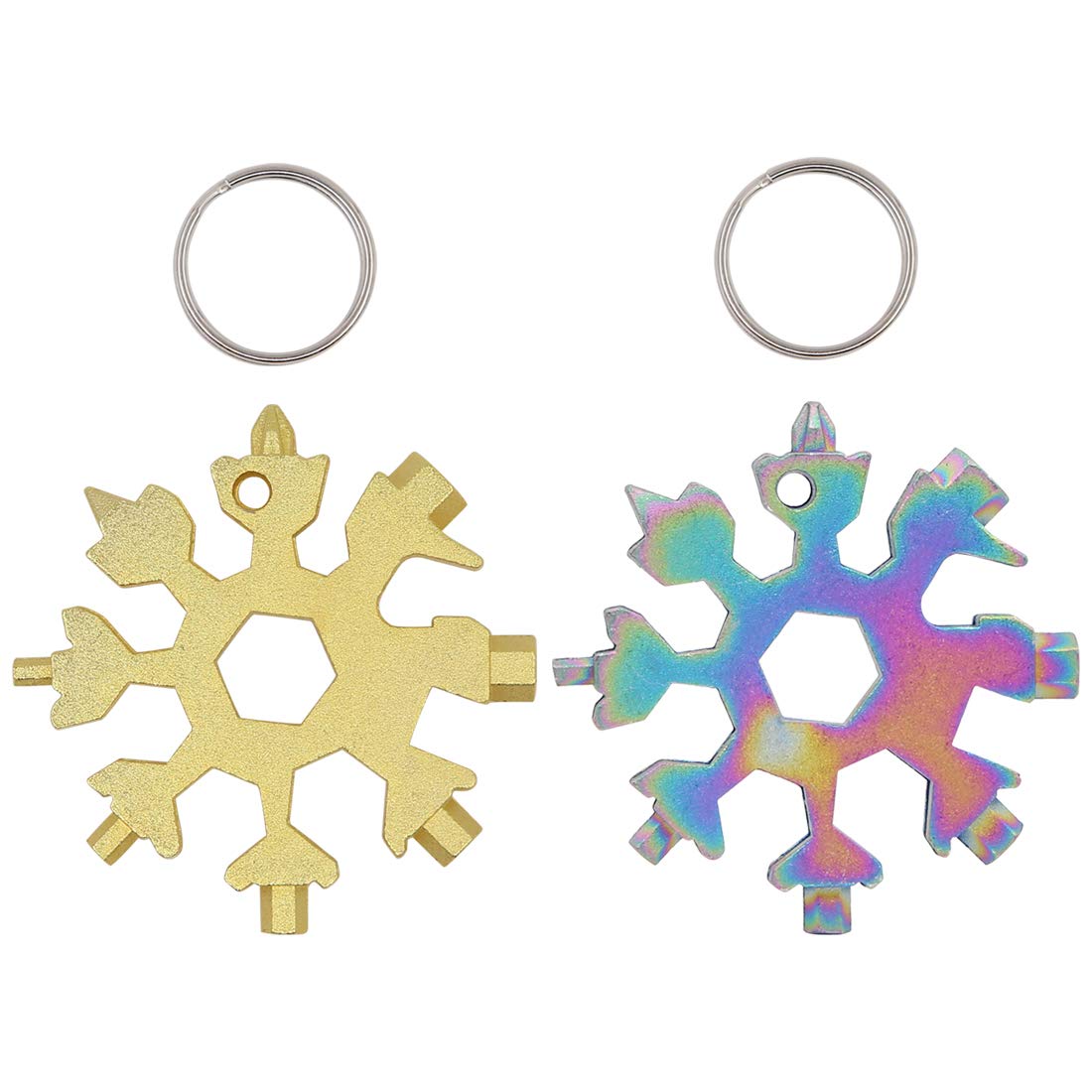 2 Pcs 19-in-1 Snowflake Multi Tool,Stainless Steel Hexagonal Screwdriver Opener Key Chain Outdoor Travel Camping Adventure Daily Tool(Gold and Multi-Color)