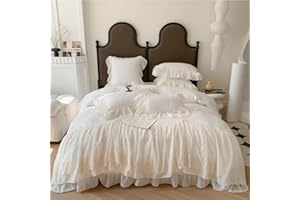 IHOUSTRIY Lace Duvet Cover Full Size, Chiffon Ruffled Beddding Set with Flower, 3 Pieces Comforter Cover Set with Zipper Closure, Girl Princess Bedding with Pillowcase - White, Full