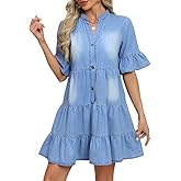 CYLADY Women Denim Dresses Casual V Neck Ruffle Short Sleeve Summer Denim Jean Dress