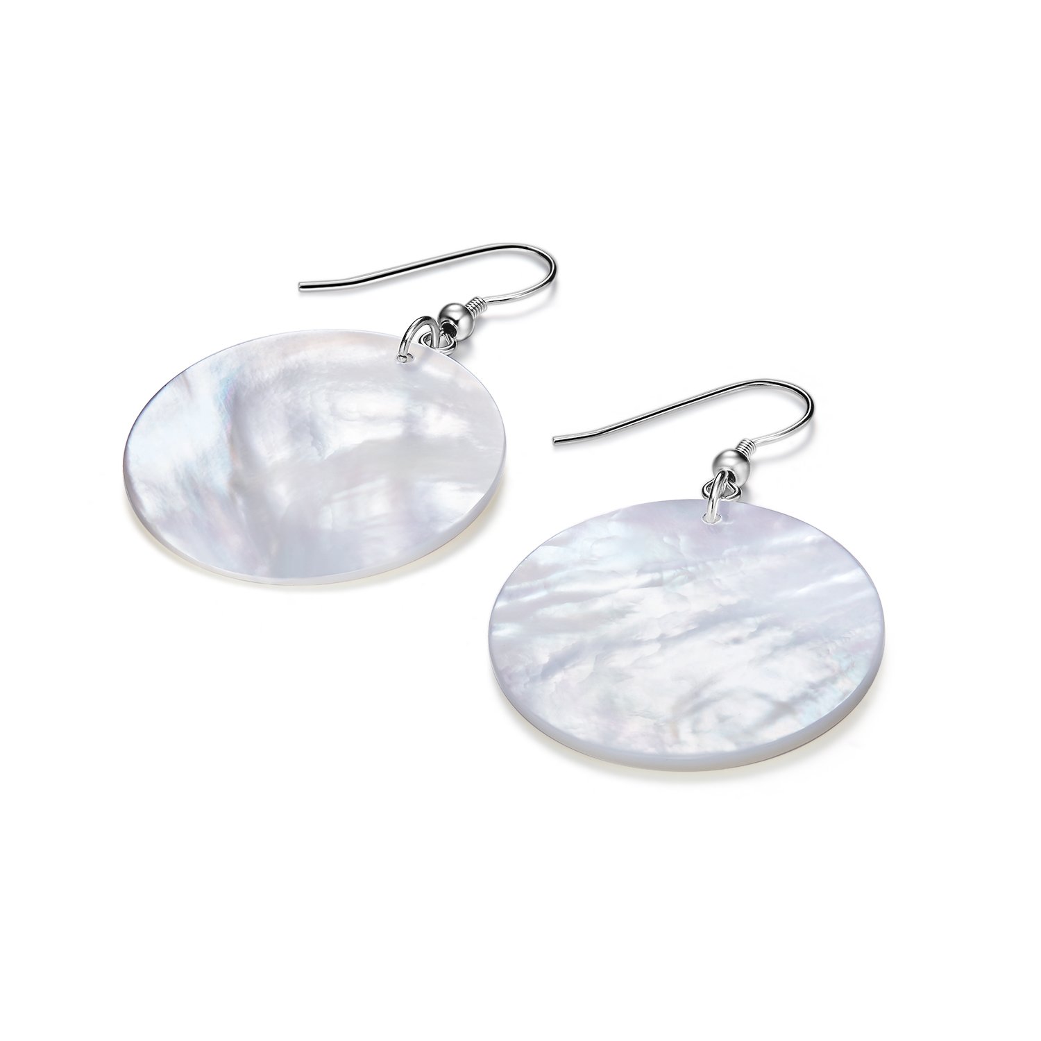 Large Round Dangle Earrings Sterling Silver Shell Drop Earrings , White