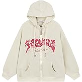 Sumleno Y2K Zip Up Hoodie Letter Print Star Graphic Grunge Hooded Corduroy Sweatshirt Jacket Oversized Retro Y2k Clothing