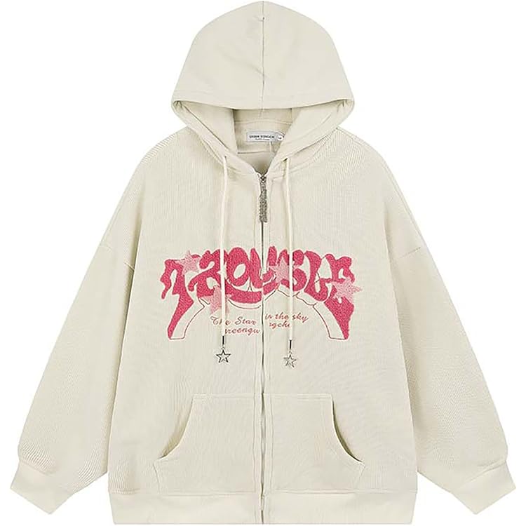 OATSBAS Y2K Zip Up Hoodie for Women Men Letter Print Star
