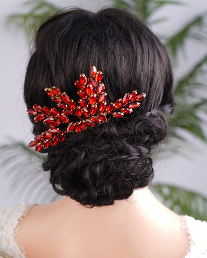 BERYUAN Red Teardrop Rhinestone Hair Comb Crystal Rhinestone Bride Headpiece Handmade Hair Accessories Gold Wedding Headband for Bridal Women and Girls (red)