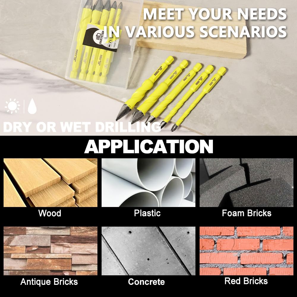 Schräger Kopf Exzenterbohrer 5/6/8/10/12MM Bitsatz DARTOTEK Spiralbohrer Holz/Kunststoff/Glas/Beton/Ziegel Multi-Material-Bohrer mit Bit-Aufbewahrungskoffer, 5 Stück 2