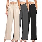 Kivdol 3 Pack Women's Wide Leg Pants Crossover with Pockets High Waist Loose Sweatpants Casual Lounge Yoga Workout Palazzo