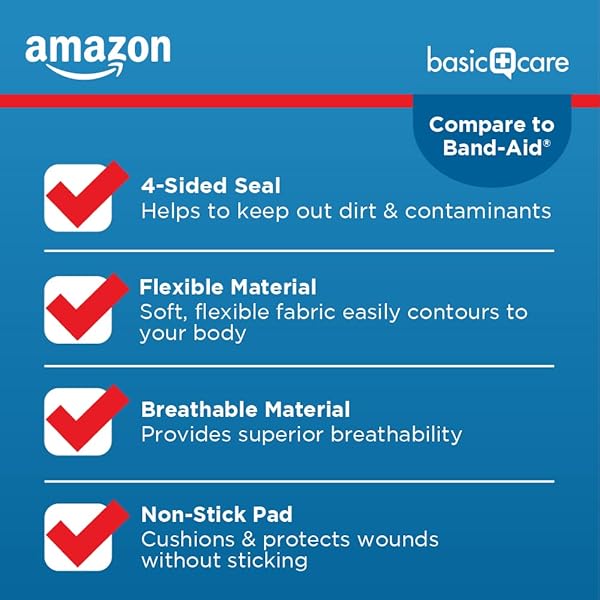 AMAZON BASIC CARE FLEXIBLE FABRIC ADHESIVE BANDAGES, FIRST AID AND WOUND CARE SUPPLIES, ALL-ONE SIZE, 100 COUNT
