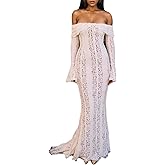 LETSVDO Women's Elegant Off Shoulder Lace Maxi Dress Bell Sleeve Bodycon Mesh Mermaid Dress(for Wedding,Evening,Party)