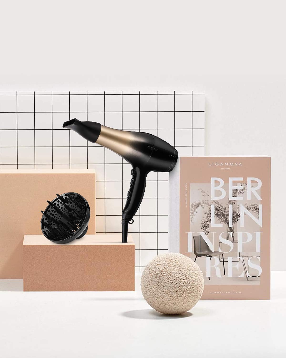KIPOZI 1875W Hair Dryer, Negative Ionic Blow Dryer, Salon Grade Powerful Hairdryer with Concentrator&Diffuser, 2 Speed and 3 Heat Settings, Lightweight and Quiet /Packaging Vary (Golden Black): Health & Personal Care