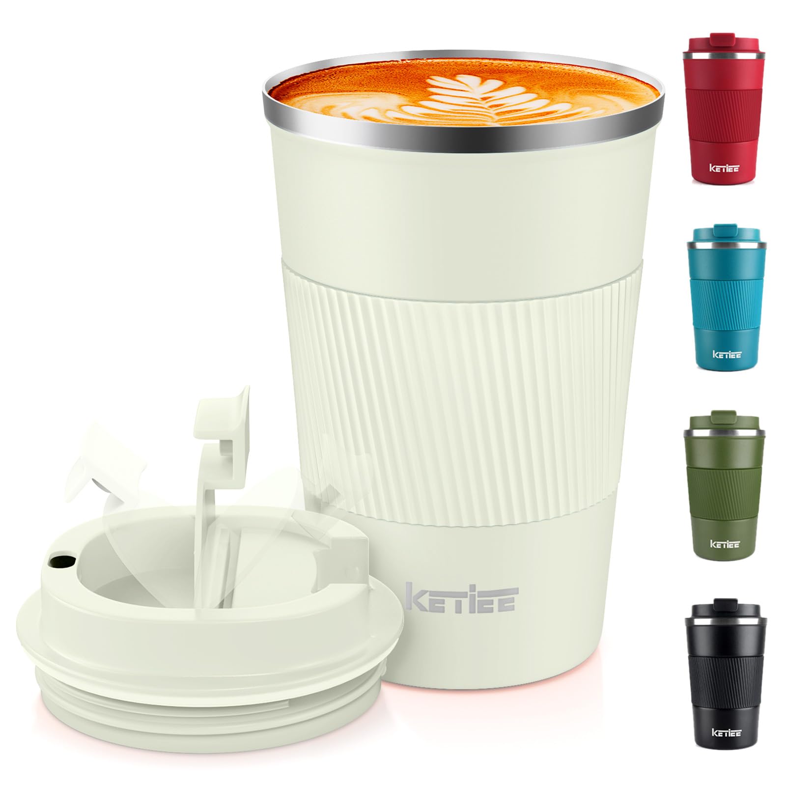 KETIEE Travel Mug Insulated with Leakproof Lid - Reusable Double Walled Coffee Cup, Stainless Steel for Hot Cold Drinks - 380ml Cream