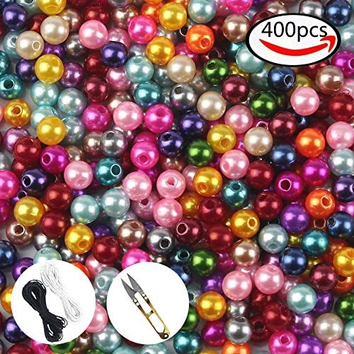 WXBOOM 400pcs Assorted Colorful Acrylic Beads Imitation Pearl Round Beads with 1 Pair of Scissors, 1 Black and 1 White Cord (8mm)