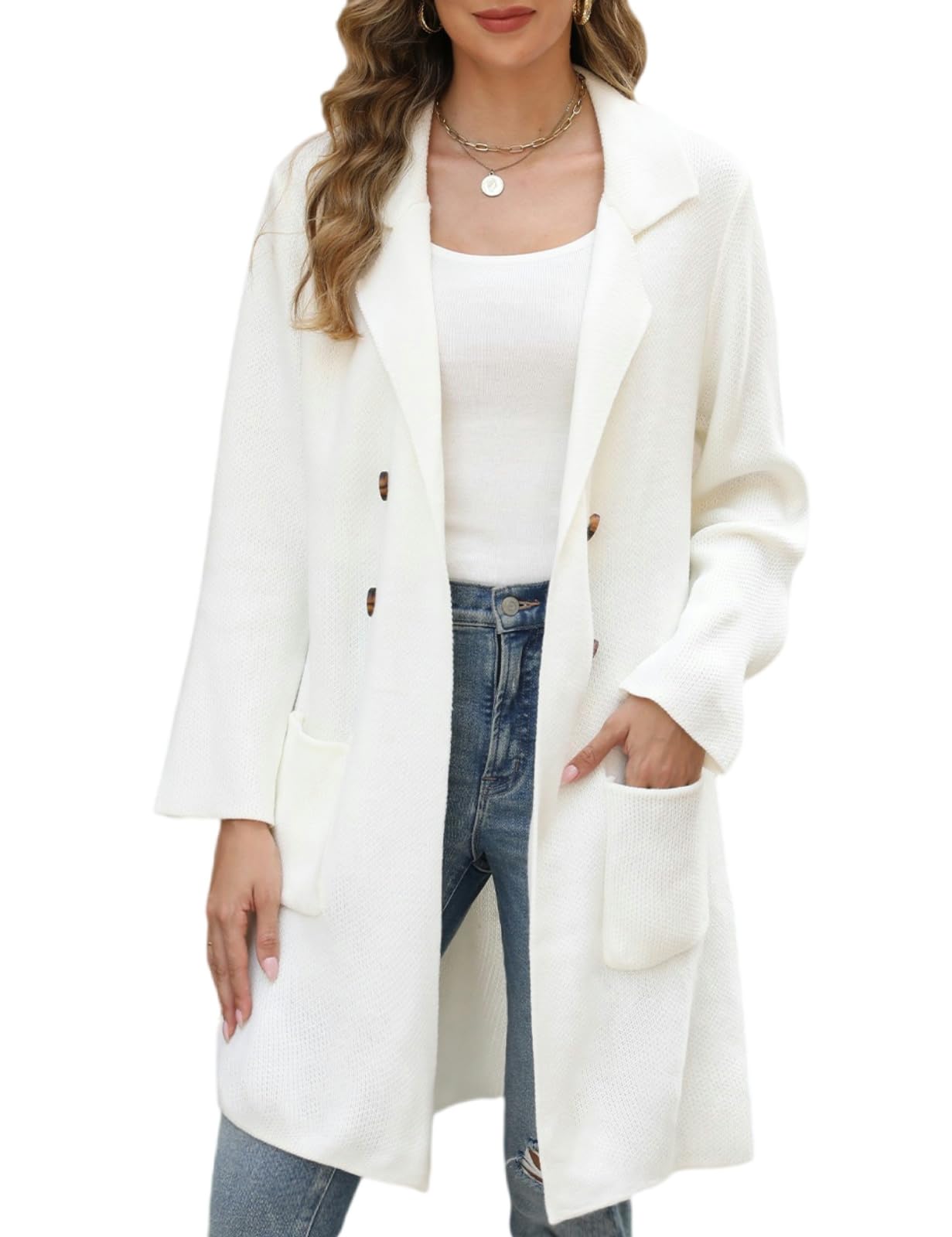Photo 1 of VIMPUNEC Fall Long Cardigan Sweaters for Women Trendy Open Front Coats Knit Jackets Coatigan with Pockets White M