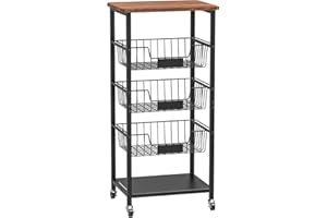 Hastatii Kitchen Storage Cart, Kitchen Basket, 5-Tier Utility Organizer with Baskets and Wood Top, Rolling Snack Cart with Wheels, Metal Black