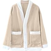 Oplxuo Women Fuzzy Fleece Jacket Pajama Tops V-Neck Button Down Sleepwear Long Sleeve Plush Warm Winter Coat with Pockets