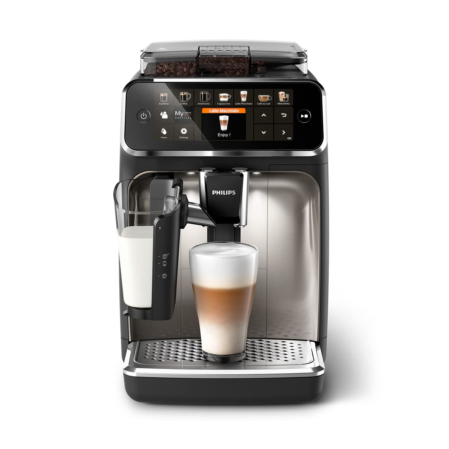 PHILIPS Serie 5400 Kaffeevollautomat - LatteGo, 12 Getränke, Milchaufschäumer, Touchscreen, 4 Profile, Chrom-Finish (EP5447/90)