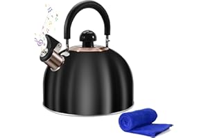 Foedo Tea Kettle,Whistling Tea Kettle Stovetop 2.6 Quart, Tea Pots for Stove Top Food Grade Stainless Steel,Wood Pattern Handle(Black),With Anti Scald Towel