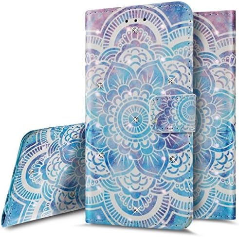 LG Stylus 3 Case / LG Stylo 3 Case /LG Stylo 3 Plus Case, Wallet Case for LG Stylus 3, Ukayfe Elegant 3D Creative Blue Mandala Flower Pattern Diamond PU Leather Rhinestone Bling Flip Case Wallet Case Magnetic Closure Book Style Protective Case Cover Skin Pouch with Card Slots & Hand Wrist Strap For LG Stylus 3 / LG Stylo 3 / LG K10 Pro, Blue Mandala