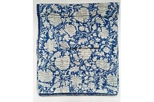 SAMBHAV QUILT HUB Indian Handblock Kantha Floral Printed Handmade Quilted Blanket Vintage Home Decorative KanthaThrow Blanket Kantha Bedcover Queen/King/CaliforiniaKing (Blue, California King(108X108) inches)