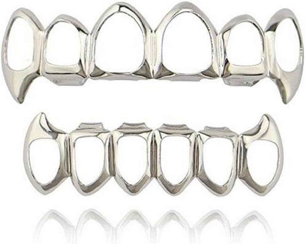 mainleadOpen Face Outline Grills 6 Teeth Top and Bottom Set Hip Hop Teeth