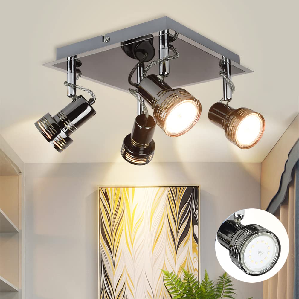 DINGLILIGHTING 4 Way Rotatable LED Ceiling Light, Chrome Finish Ceiling Spotlights,4 x 3 W GU10 Bulbs Warm White 3000K, Square Plate Kitchen Lights for Bedroom, Living Room, Bulbs Included
