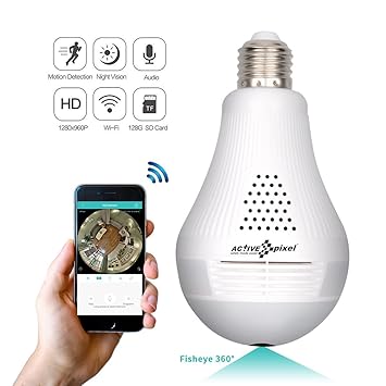 Active Pixel Wifi Wireless IP 1.3MP Bulb Spy Hidden Camera with Fisheye Lens 360