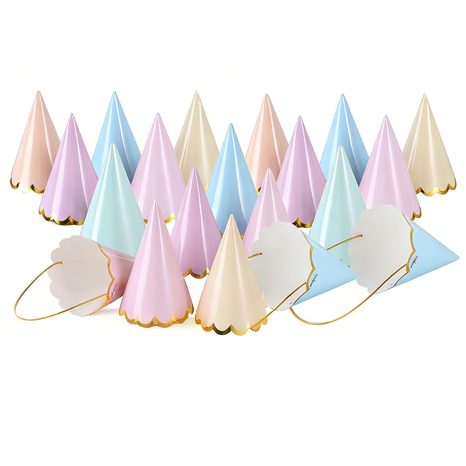 hommova 20 Pcs Party Hats, 16 x 10cm Gold trim Birthday Hat with Elastic String for Adults Kids Pets Celebration (6 Colors Mixed)