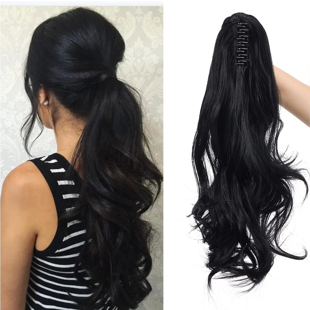 Claw On Ponytail Extension Matte Material 18 Inch/45cm Curly Wavy Clip In Pony tail Synthetic Hairpiece, Dark Black