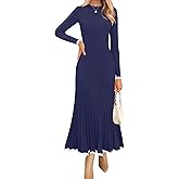 ZESICA Women's Long Sleeve Sweater Dress Fall 2026 Crewneck Ribbed Knit Pleated A-Line Maxi Wedding Guest Dresses