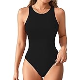 MANGOPOP Women's Tank Tops Bodysuit Double Lined Crew Neck Thong Body Suit Sleeveless Halter Fitted Top