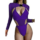 Rave Outfits for Womens - EDC Festival Neon Bodysuit Long Swimsuits Mesh Buckle Shrug Crop Top Club Party 2 Pcs Set
