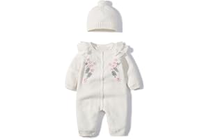 IADOER Baby Newborn Boy Knitted Sweater Romper Cotton Longsleeve Outfit with Kids Winter Warm Hats Set