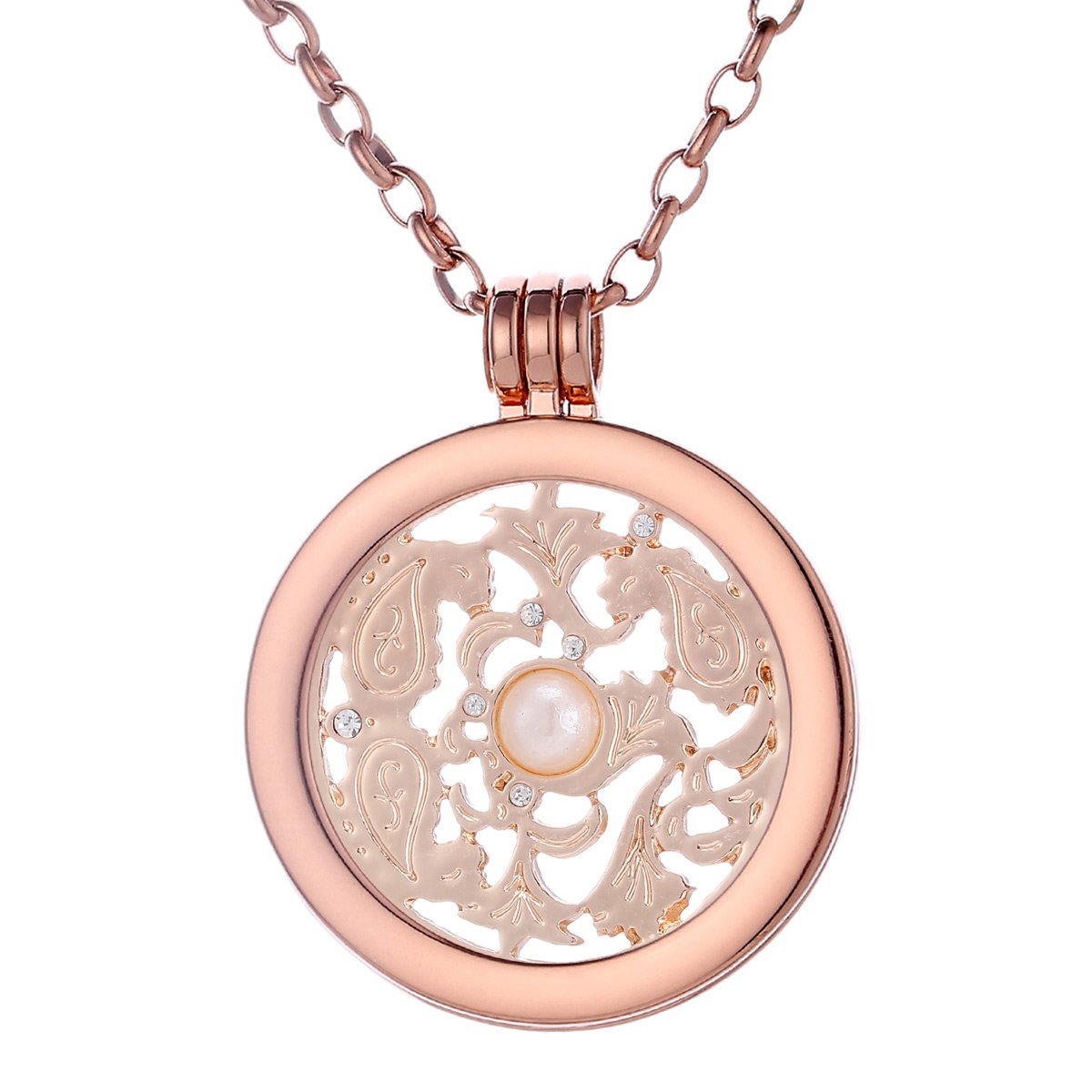 Morella Women Necklace 70 cm 27.5" Rose Golden Stainless Steel with Wind Ornament Coin 33 mm 1,3" Pink Gold in a Velvet Jewelry Bag