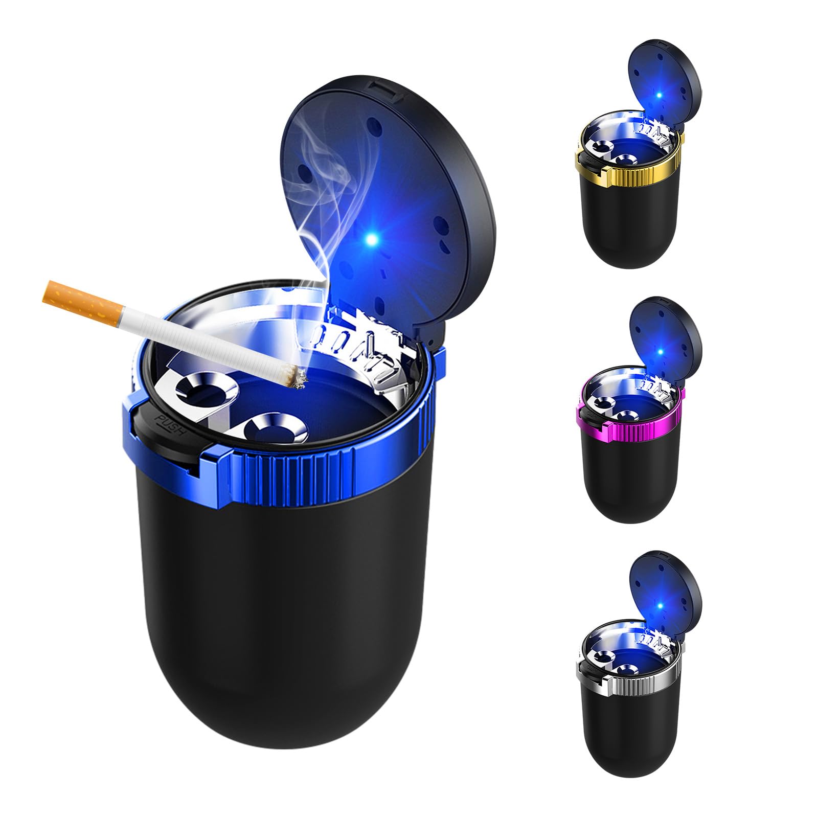 Photo 1 of Ohleats Car Ashtray with Lid, Detachable Stainless Steel Ash Tray with LED Blue Light, Portable Mini Vehicle Cup Holder Trash Can Smell Proof Ashtray Cup, Universal Car Accessories (Blue)