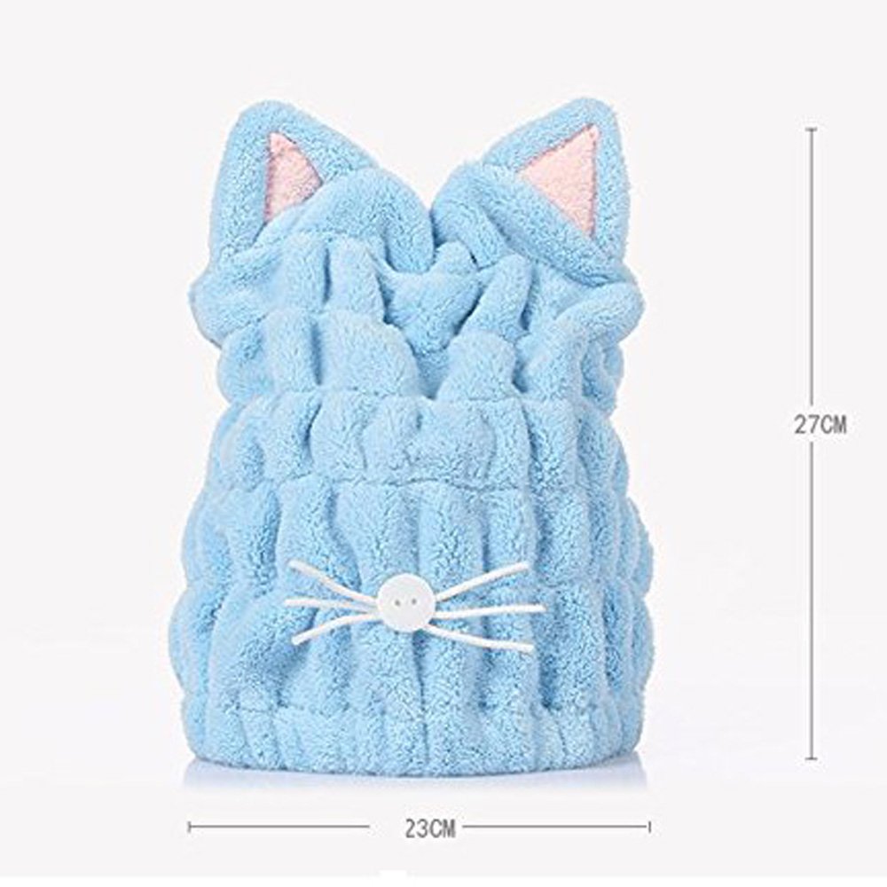 DS-Space Adjustable Microfiber Cute Cartoon Cat Hair Drying Cap Ultra Soft Absorbent Dry Hat Hair Wrap Towel, Reduce Hair Drying Time for Women Adults or Kids Girls (Blue)