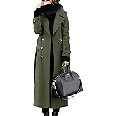 ebossy Women‘s Winter Double Breasted Wool Coat Elegant Notched Lapel Belted Mid Long Pea Trench Coat
