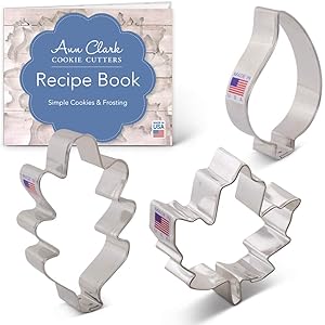 Ann Clark Cookie Cutters 3-Piece Fall Leaves Cookie Cutter Set with Recipe Booklet, Maple, Oak and Teardrop Leaf
