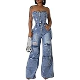 ksotutm Denim Jumpsuit for Women Strapless Multi Pockets Wide Leg Loose Baggy Jean Romper Cargo Overalls