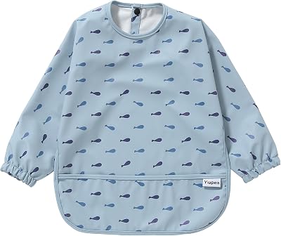 Yiupea Baby Weaning Bib Mess Proof with Long Sleeves Blue 6-24 Months