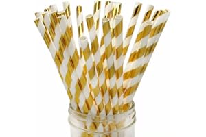 BOFA ECO TABLEWARE Clinquant Gold Lightful Stripes Paper Drinking Straws Weddings Decoration Party Straws, 100 Pcs Disposable Gold Striped Straws in Kraft Box